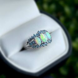 Jewelry 10k solid white gold 1.80CTW aquamarine opal ring sz 7.00