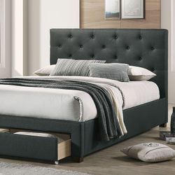 DARK GRAY LINEN LIKE FULL SIZE BED FRAME STORAGE END DRAWERS