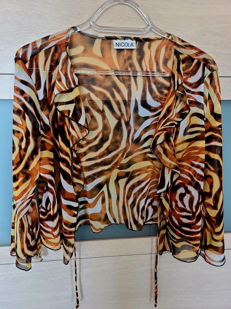 Animal Print Mesh Shrug Tie Front Flared Sleeve Cardigan Blouse Top size L