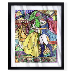 Beauty and the beast stained glass windows art piece in black frame