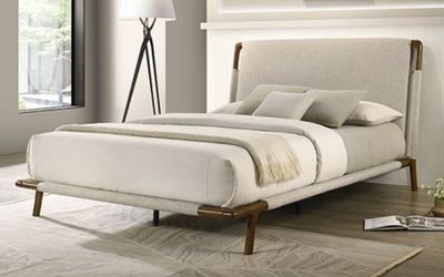 Brand New Beige Mid-Century Modern Style Queen Bed Frame (Available in Eastern King)