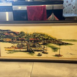 Mid Century Boating Village Seascape Painting 