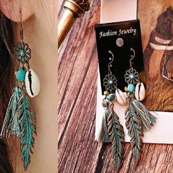 Ethnic Tribal Boho Multicolor Antique Fringe Tassel Leaf Shell Stone Earrings