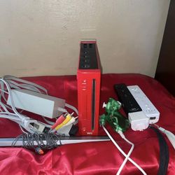 Red Nintendo Wii With 3 Controllers 