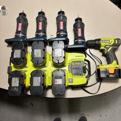 Ryobi  28 Volt Multi Charger With Batteries, Drill , And 4 Cutout Tools