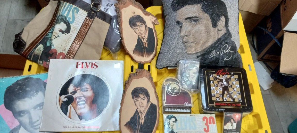 Elvis Memorabilia: Pillow, Wallet, Throw Blanket, Music Box, Tote Bag, Tape, Wood Burned Potrait, Calendar 