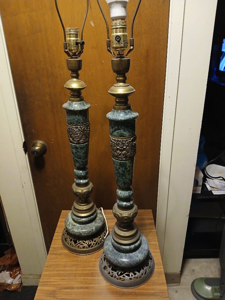 Pair Of Japanese Bronze & Marble Colomn Table Lamps