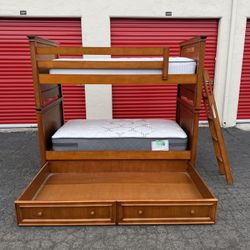 Wooden Twin Size Bunk Bed With Mattress And Trundle