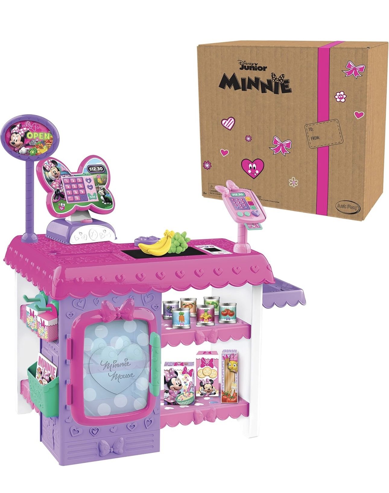 Disney Junior Minnie Mouse Marvelous Market, Pretend Play Cash Register with Realistic Sounds, 38 Play Food Pieces and Accessories, Officially License