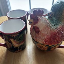 Rooster & Sunflower Ceramic Set (Teapot + 3 Mugs) 