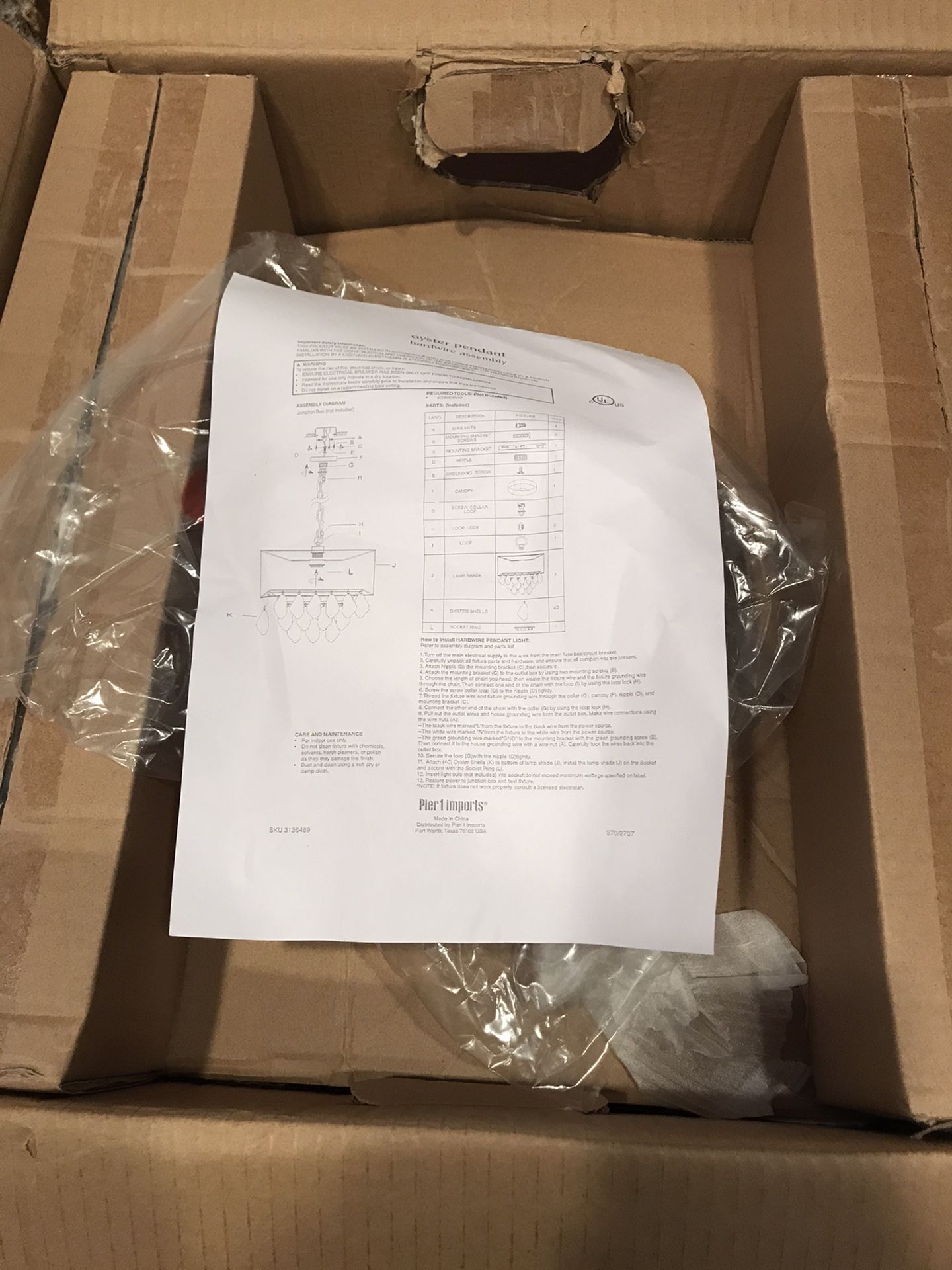 Pier 1 imports oyster pendant suspension huitres NIB