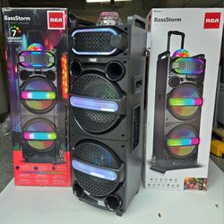 1200 Watts dual 10" woofer bluetooth party speaker with disco lights and rechargeable battery!!