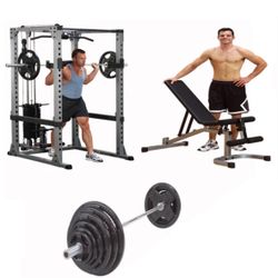 Body Solid Pro Stabilized Power Rack Bench Barbell Package For Bench Press with Pulldown 300lb