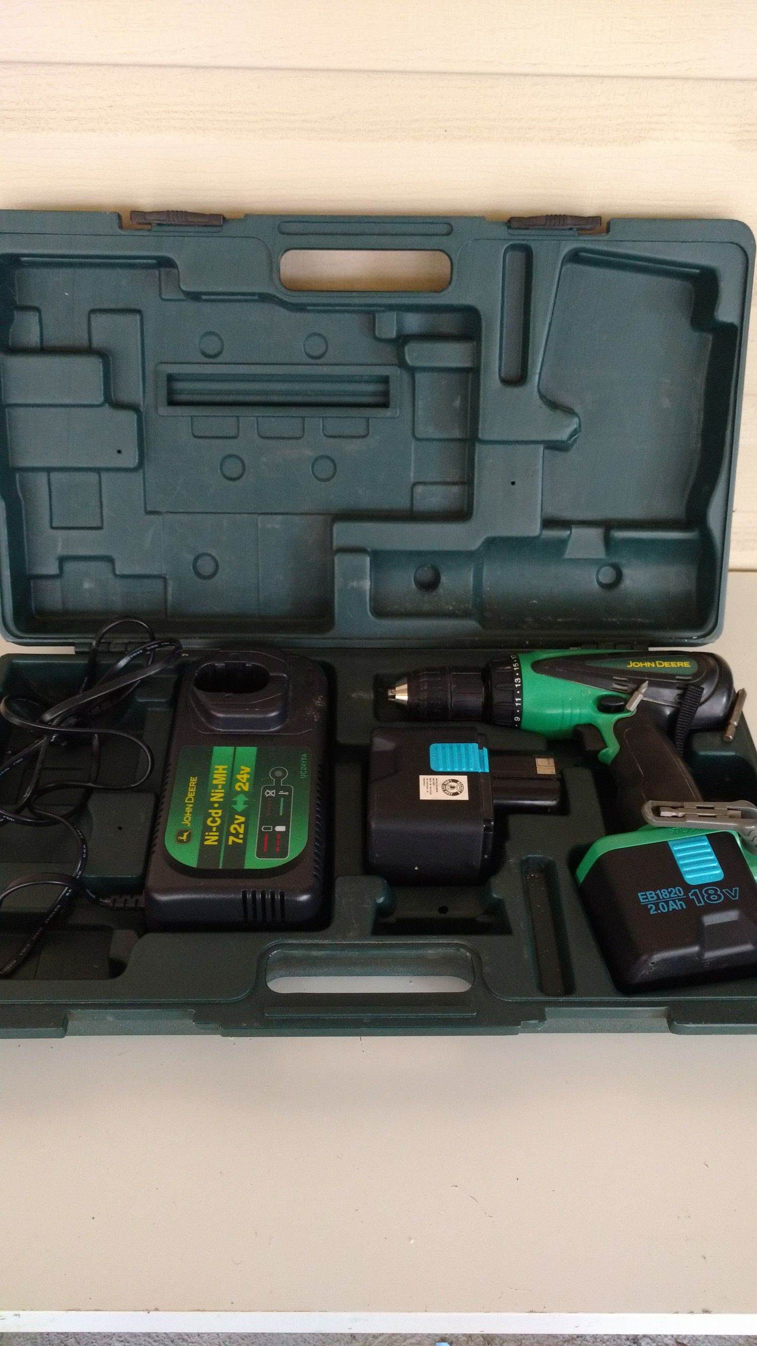 John Deere power drill with extra battery and case