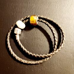 New Pandora Bracelet Leather Silver  Camel Brown Double  LEATHER 13.8" 35cm Silver Clasp 2 Charm