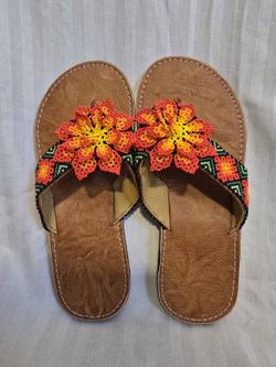 Mexican Huichol-style handmade beaded sandals (huaraches)