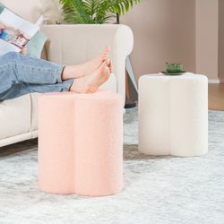 Ottoman Teddy Velvet Modern Round Ottoman Upholstered Foot Stool Clover Shape Teddy Vanity Chairs for Dorm 14in PINK  Multifunctional Ottom