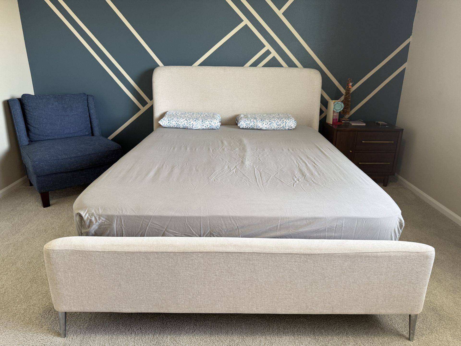 Modern Queen Bed + Mattress with Upholstered Headboard & Footboard
