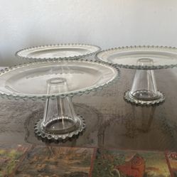 Set Of 3 Beaded Glass Footed Cake Stand Serving Platter Dessert Plates 