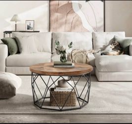 Glennis Round Industrial Coffee Table | Rustic Wood & Black Metal | 31.5”