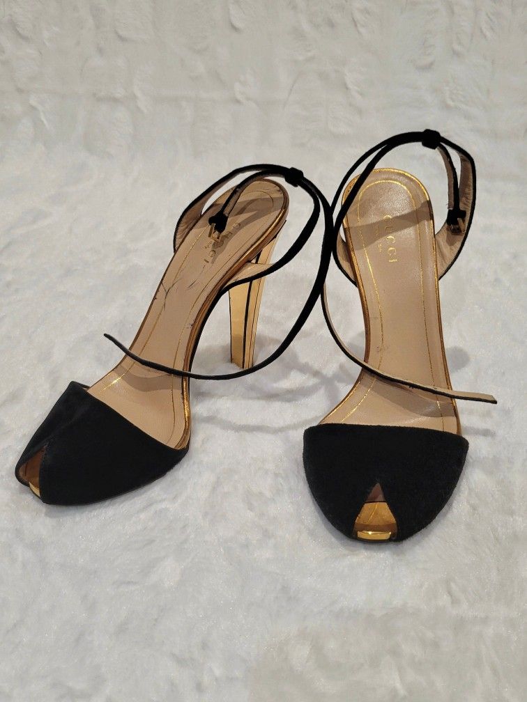Gucci Delphine gold mirror heel Art Deco disco black suede peep toe sandals 37.5
