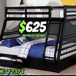 Twin/full Size Black Bunkbed W Orthopedic Mattress 
