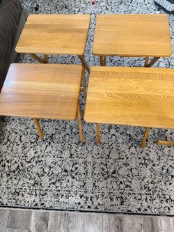 Set of 4 Solid Oak Wood Folding TV Tray Tables with Stand