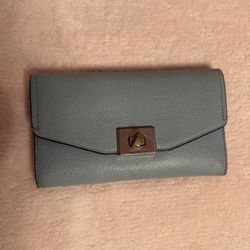 Michael Kors Cassie Large Trifold Wallet, featuring light blue pebbled leather and silver-tone hardware