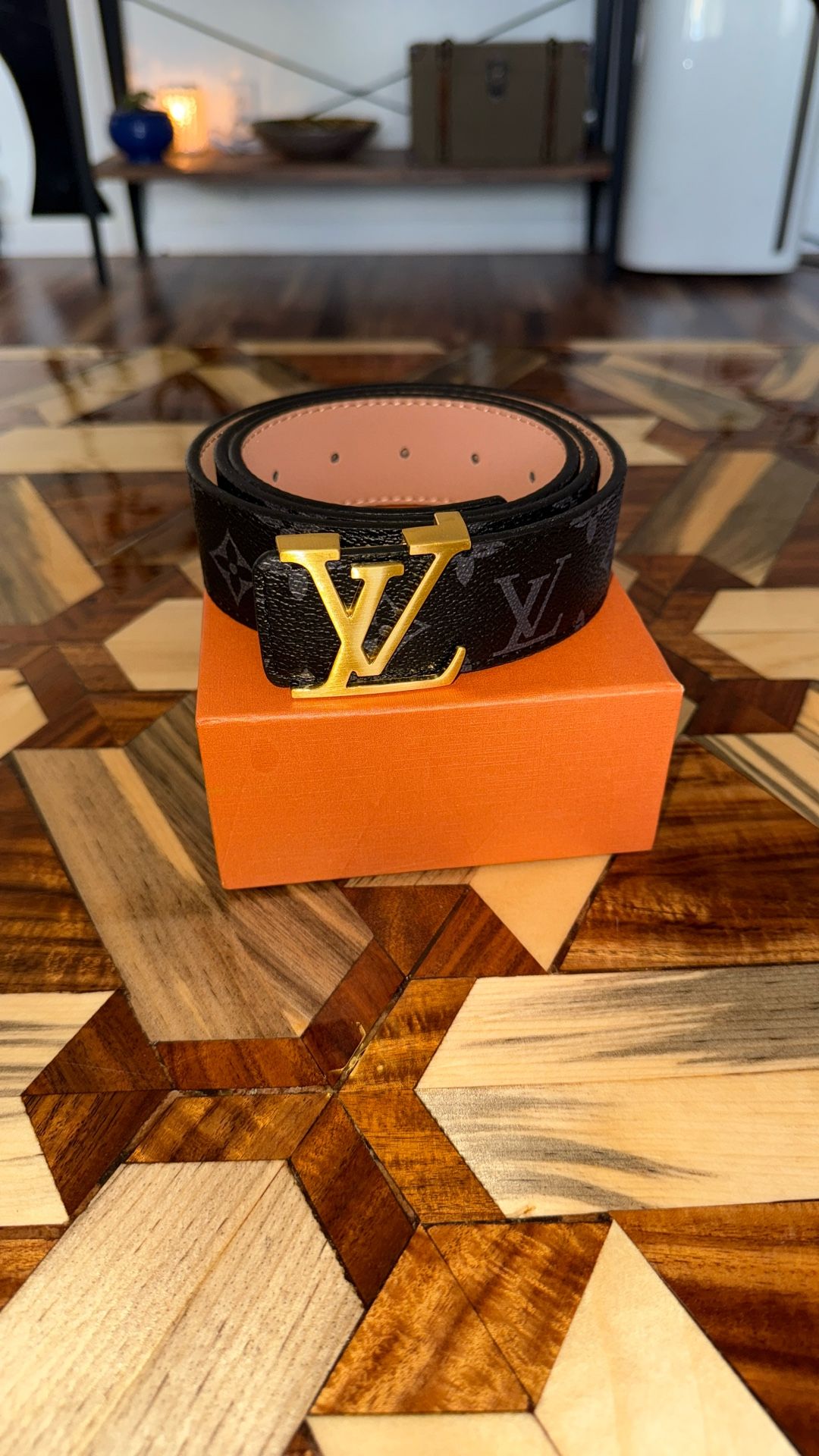 Black Louis Vuitton Belt with Gold Buckle
