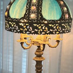  Slag Glass Jeweled 5-Light 44 Inch Tall Table Lamp. Measures 44 inches tall by 20 inches in diameter of the shade.