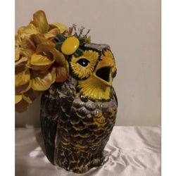 Vintage Ceramic Majolica BEAUTIFUL MULI COLORED OWL WATER PITCHER MADE IN ITALY