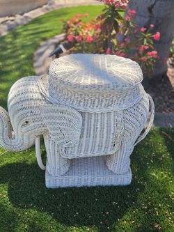 White Wicker Elephant Side Table