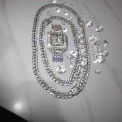 Set 18" 26" Cuban Link &Watch.Elegant silver watch with matching chain. Sparkling stones enhance the design. This stunning two-tone chain necklace com