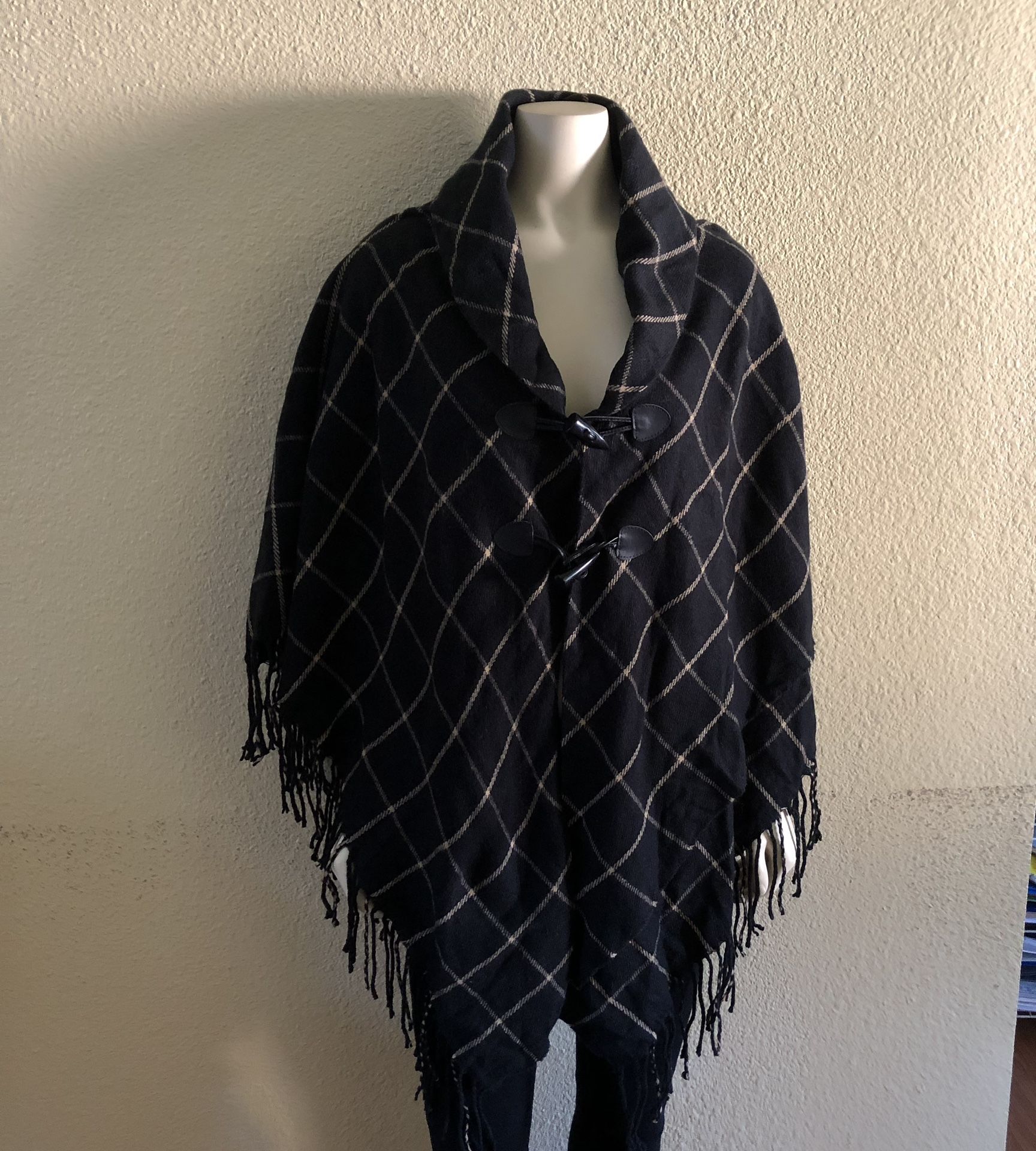 Black Windowpane-Fringe Hem Toggle Closure Cape Wrap