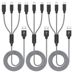 (NEW) Multi Charging Cable 4ft 3Pack 3 in 1 Charger Cord, Multiple Rapid Nylon Braided Cable USB Charging Cable Multi Phone Charger Cord with Type C M