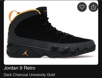 Jordan 9 Sz 9.5 Dark Charcoal University Gold