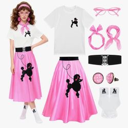 8 Pcs Women 50s Poodle Skirt Outfit 1950s Dress Sock Hop Shirt Grease Costume Halloween  Size M