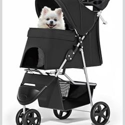 MoNiBloom Foldable Pet Stroller with Weather Cover, 3 Wheels Pet Strolling Cart for Small/Medium Dogs and Cats with Storage Basket and Cup Holder, Bre