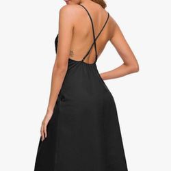 
Black V Neck Adjustable Spaghetti Straps Summer Dress Sleeveless, Backless, Dress with Pockets