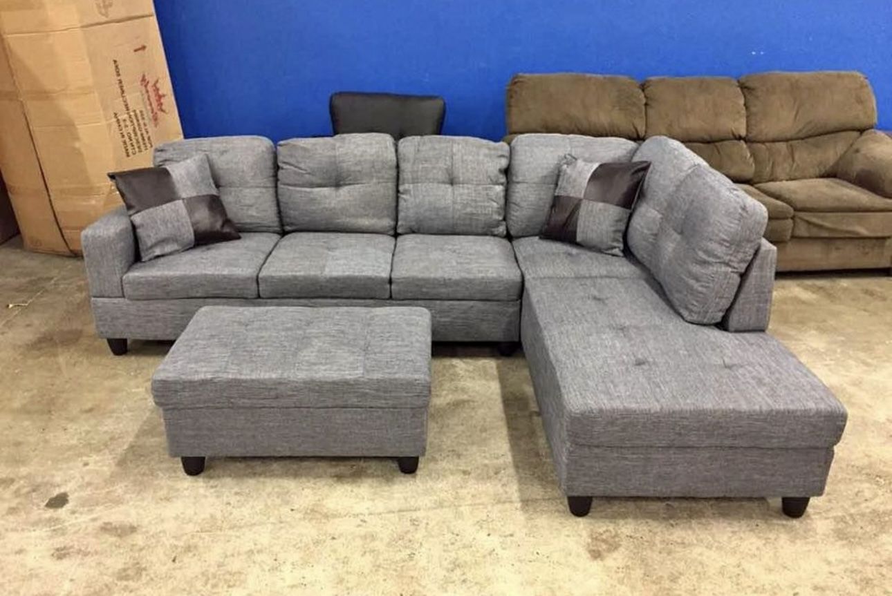 Grey Blue Linen Sectional Couch And Ottoman