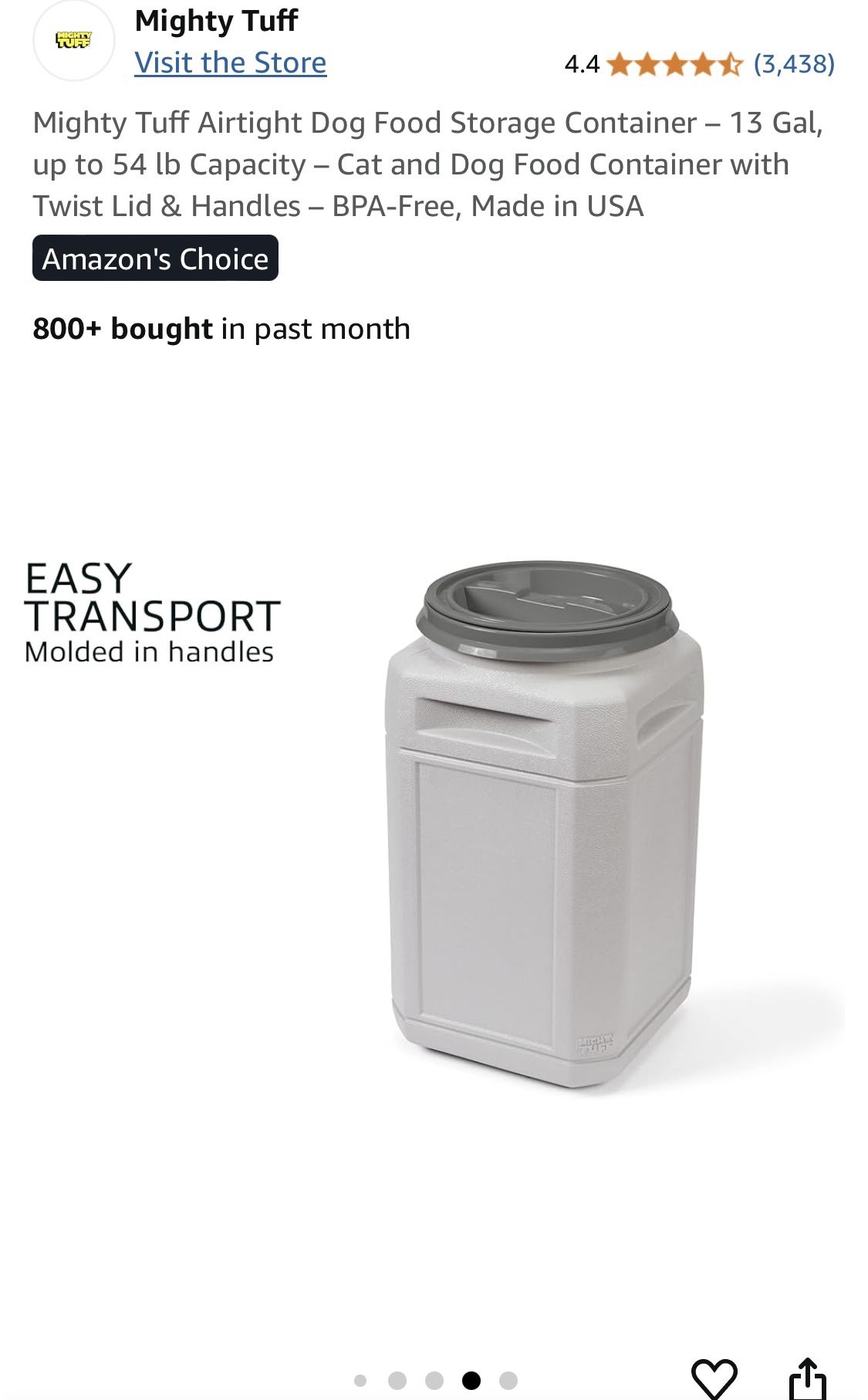 Mighty Tuff Airtight Dog Food Storage Container – 13 Gal, up to 54 lb Capacity – Cat and Dog Food Container with Twist Lid & Handles – BPA-Free, Made