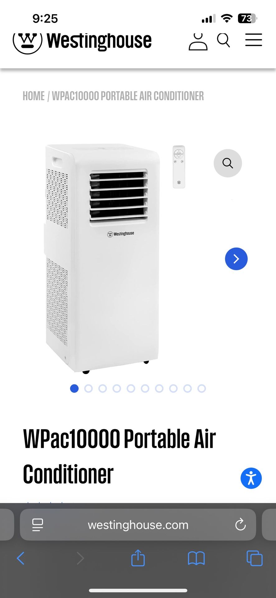 Westinghouse WPAC10000s Portable Air Conditioner - 10,000 BTU AC For Rooms Up To 300 Sq Ft, White
