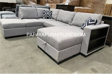 New Plush Sectional Sofa, Fabric Couch, Grey Sofa, Gray Couch, Sectional with built-in Shelves armrest, Sectional and Ottoman, Storage Ottoman Couch, 