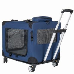 2 in 1, 28'' Collapsible Travel Dog Crate for Medium Large Dogs, Rolling Pet Carrier with Wheels, 3-Door Portable Folding Pet Kennel with Mesh Windows