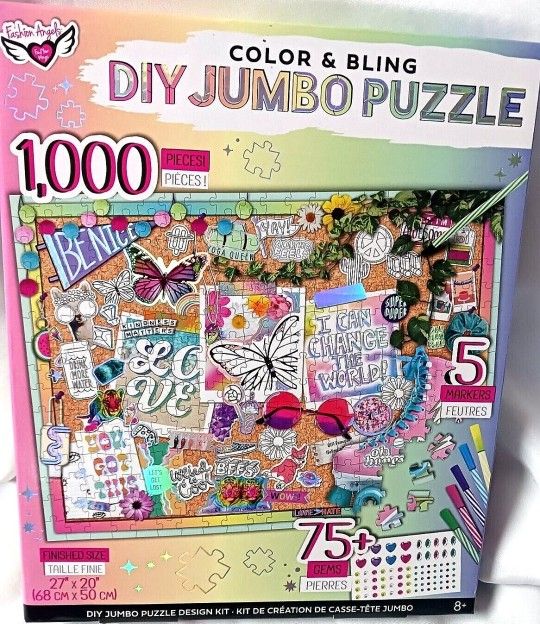 New FASHION ANGELS COLOR & BLING DIY JUMBO PUZZLE 1000 Pcs. GEMS & MARKERS CRAFT