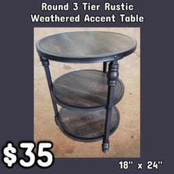 NEW Round 3 Tier Rustic Weathered Round Accent Table: njft 