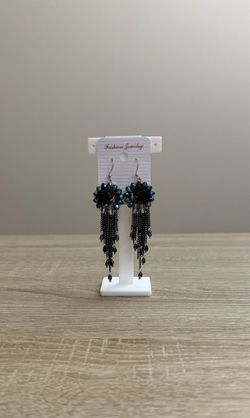 Black Blue Iridescent Floral Statement Earrings with Chain Tassels New