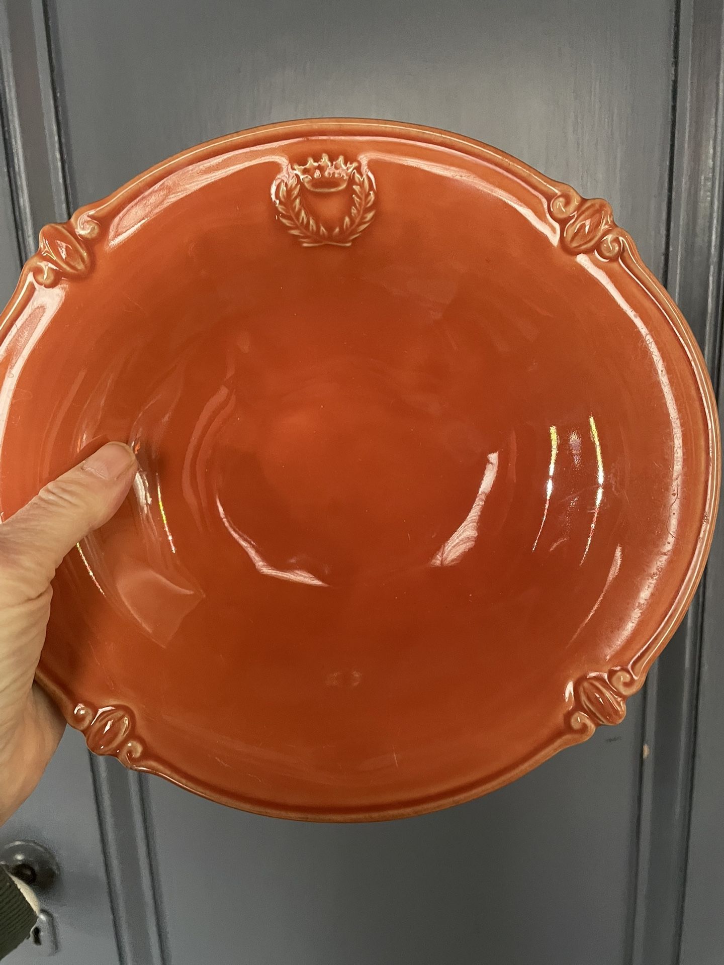 Vintage 9”x 8.5” Terra-cotta colored Ceramic dish with Embossed Crest/Shield.