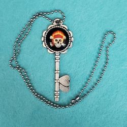 Flaming Pirate And Crossbones Glass Cabochon Halloween Goth Skeleton Key Necklace 