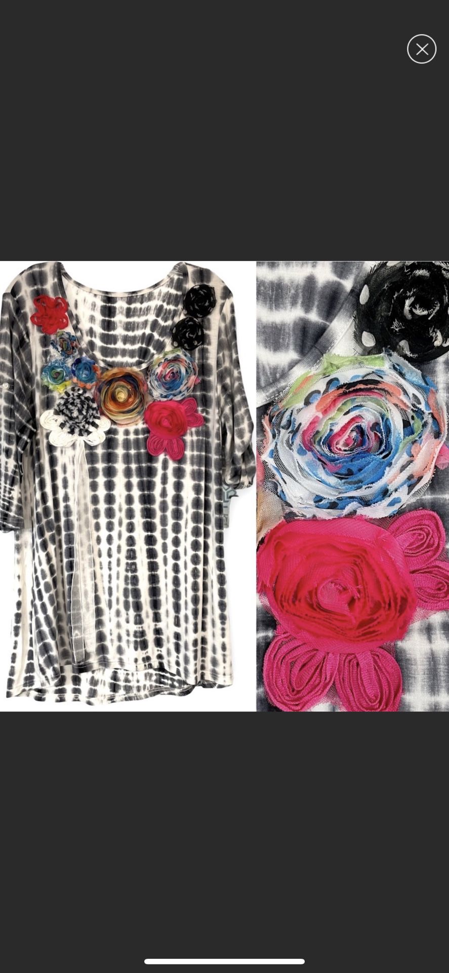 Black and white tie-dye swing top tunic ribbon flower accents, 3/4 sleeves, Lg